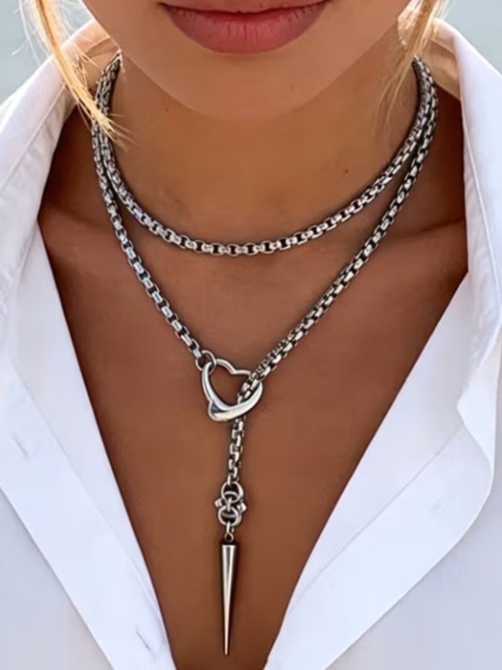 Fashion Jewelry Silver-Tone Layered Heart Toggle Necklace with Spike Drop